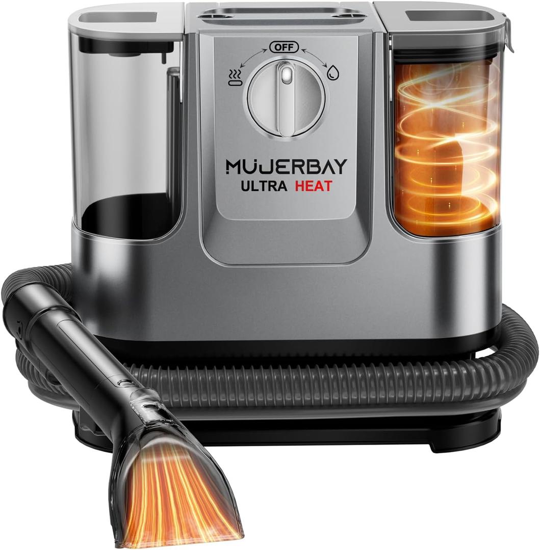 Upholstery Carpet Cleaner, MUJERBAY UltraHeat 12Kpa Portable Spot and Stain, Easy Move with Universal Wheels & Handle, 1.18-inch Deep Cleaning Machine for Couch, Stairs, Car and Pet Messes.