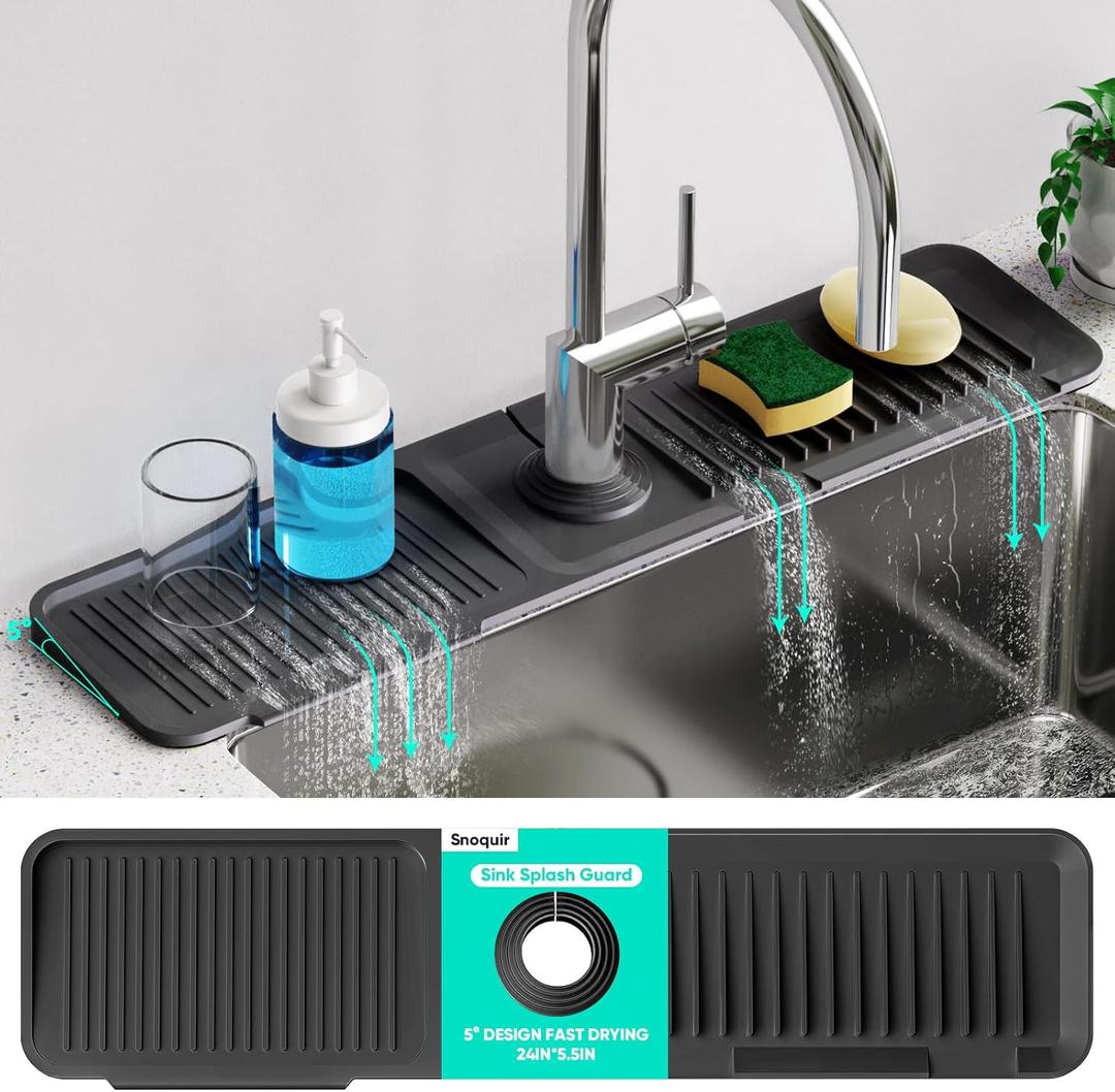 24 Inch Longer Faucet Mat for Kitchen Sink, 5 Slope Fast Self-draining, Kitchen Sink Splash Guard Silicone Sink Faucet Mat Splash Guard Kitchen Sink Area Tidy Splash Faucet Guard Draining Mat (Black), 24" x 5.5"