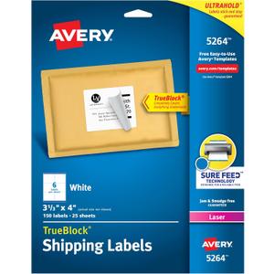 Avery Printable Shipping Labels with Sure Feed, 3-1/3" x 4", White, 150 Blank Mailing Labels (5264)