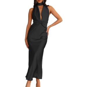 Summer Sexy Satin Backless Halter Maxi Dress for Women Elegant Sleeveless V Neck Twist Wedding Guest Dresses Cocktail (Black, XL)