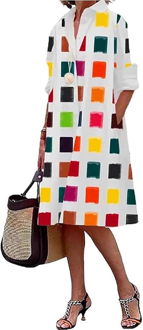 BDAILKA Women's Shirt Dress Casual Midi Dress Button Down V Neck Fit A-Line Shirt Dresses (White, S)