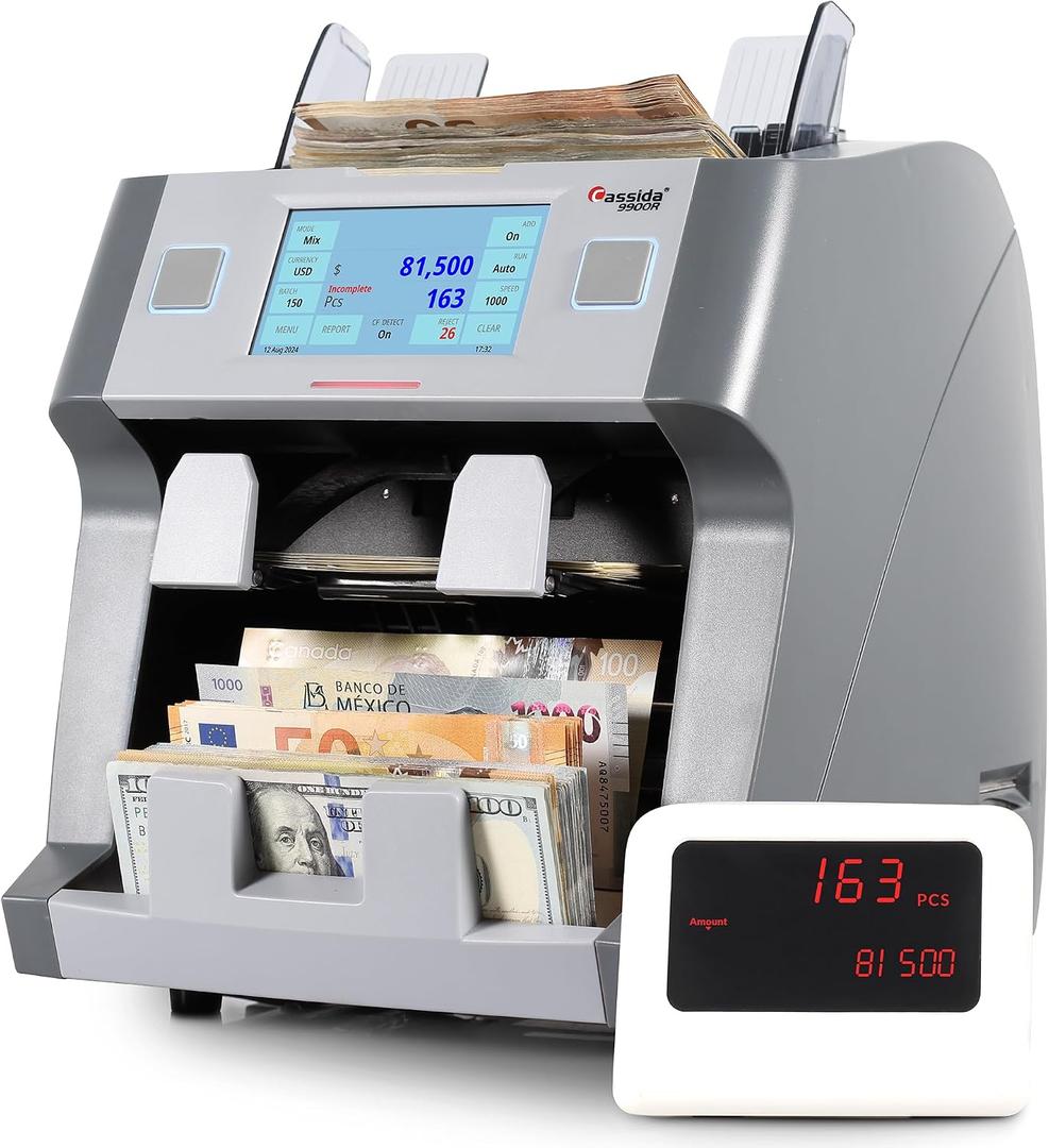 Cassida 9900R V2 2-Pocket Premium Bank Grade Money Counter Machine Mixed Denomination, Bill Sorter, Value Counting, Printer Enabled, 2 CIS, UV/MG, IR/IT Counterfeit Detection with Built-in Printer, 12"L x 11.5"W x 13.4"H