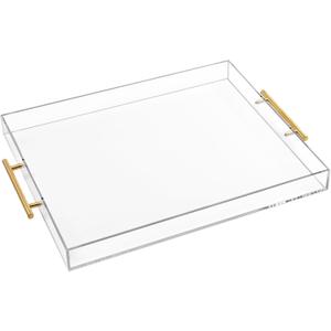 Large Clear Acrylic Serving Tray (1618 Inches) with Gold Handles Spill Proof Acrylic Decorative Tray Organiser for Ottoman Coffee Table Countertop