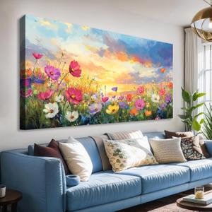 JLXART Wall Art Decor Wildflower Field Meadow Canvas Wall Art for Living Room Sunset Landscape Painting Print Colorful Floral Home Decor Bedroom Office Decoration 20" x 40"