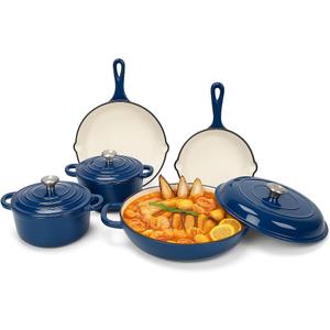 Nonstick Enameled Cast Iron Cookware Set, 8-Pcs Pots and Pans with Lid, Frying Pan Skillet, Sauce Pan, Healthy Round Dutch Oven Pot for Sourdough Bread Baking on All Stovetop, Come with Organizer,Navy