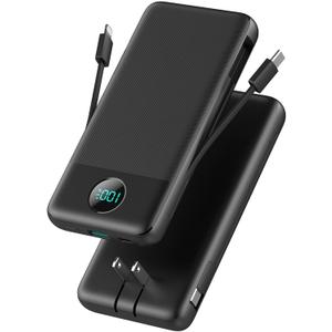 Portable Charger USB C Power Bank with 2 Built in Cables & AC Wall Plug,13800mAh Portable Battery Pack Fast Charging Compact LED Display Universal Compatible with iPhone 16/15,Galaxy S23,Tablets etc