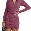AUXDIO Women Bodycon Long Sleeve Dresses Casual V Neck Ruched Wrap 2026 Spring Fall Party Club Mini Dress, Fuchsia, Medium