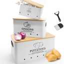 Kitchen Vegetable Storage Set of 3, Metal Onion Garlic Potato Storage Set, Kitchen Canisters Vegetable Keeper Containers with Aerating Holes and Wooden Lid (White)