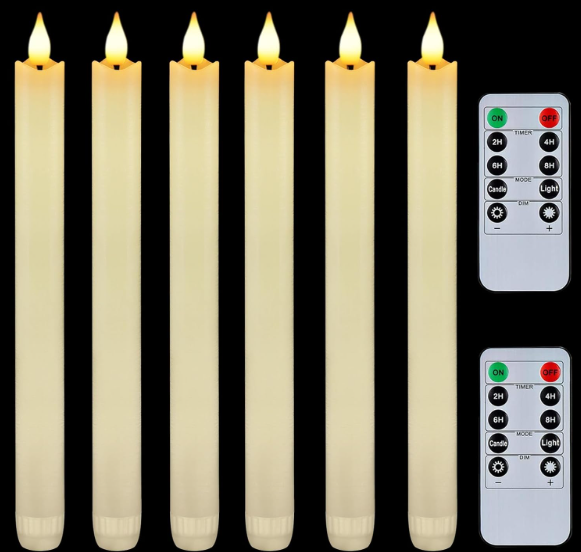 Homemory 6 Pcs Wax Flameless Taper Candles with Remote Timer and Dimmer, LED Candle Sticks with Flickering Light, Ivory Battery Operated Window Candles, 9.6 Inches for Wedding Home Indoor Decoration