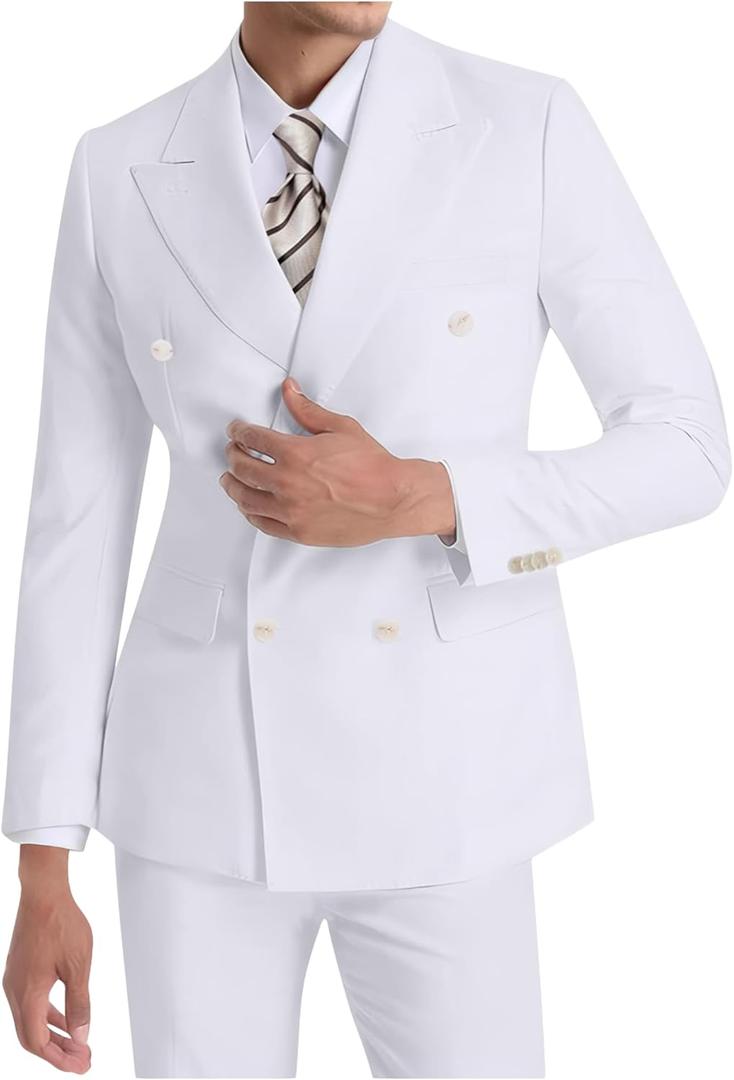 Mens Double Breasted Suit Slim Fit Solid Suit Jacket and Dress Pants 2 Piece Set Prom Wedding Suits for Men (Medium, White)