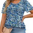 VISLILY Womens-Plus-Size-Summer-Tops Trendy Puff Short Sleeve T Shirts Cute Flowy Pleated Blouses Casual Crewneck Tunics Tee (Blue, XXXL)