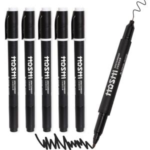 Hoshi 5 Count Twin Tip Black Permanent Markers, Fine and Ultra Fine, Waterproof & Smear Proof Industrial, Garden Markers, Perfect for Writing on Oily Surfaces