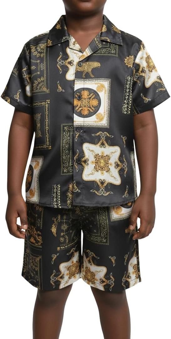 OPTRANEST Inc Kids Baroque Printed Black Shirt and Shorts Set for Boys | Premium Cotton Twill Summer Outfit | Stylish Casual Party Wear (3-4 Years)