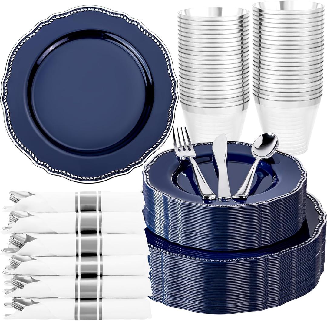 Hioasis 175pcs Blue Silver Plastic Plates - Silver Plastic Dinnerware Set Includes 25 Dinner Plates, 25 Dessert Dinnerware, 25 Cups, 25 Napkins Perfect for Wedding & Party