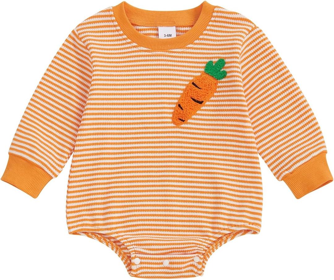 Baby Boy Girl Easter Outfit Sweatshirt Romper Striped Carrot/Bunny Long Sleeve Bubble Romper Waffle Knit Bodysuit (3-6 Months, Orange)