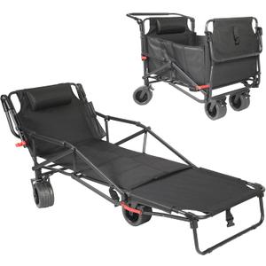 Beach Wagon Chair, 2 in 1 Folding Beach Wagons with Big Wheels for Sand, 400 lbs Capacity Rolling Cart Chair Lounge Wagons Combo, Chairs Wagon Chaise Patio Lounge Outdoor, Tanning Chair (Black BC)