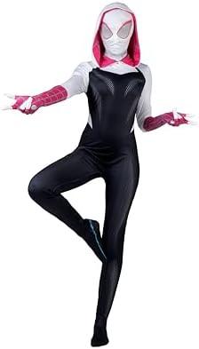 MARVEL Spider-Gwen Official Adult Zentai Halloween Costume - Hooded Spandex Jumpsuit with Printed Design and Pull On Mask Medium