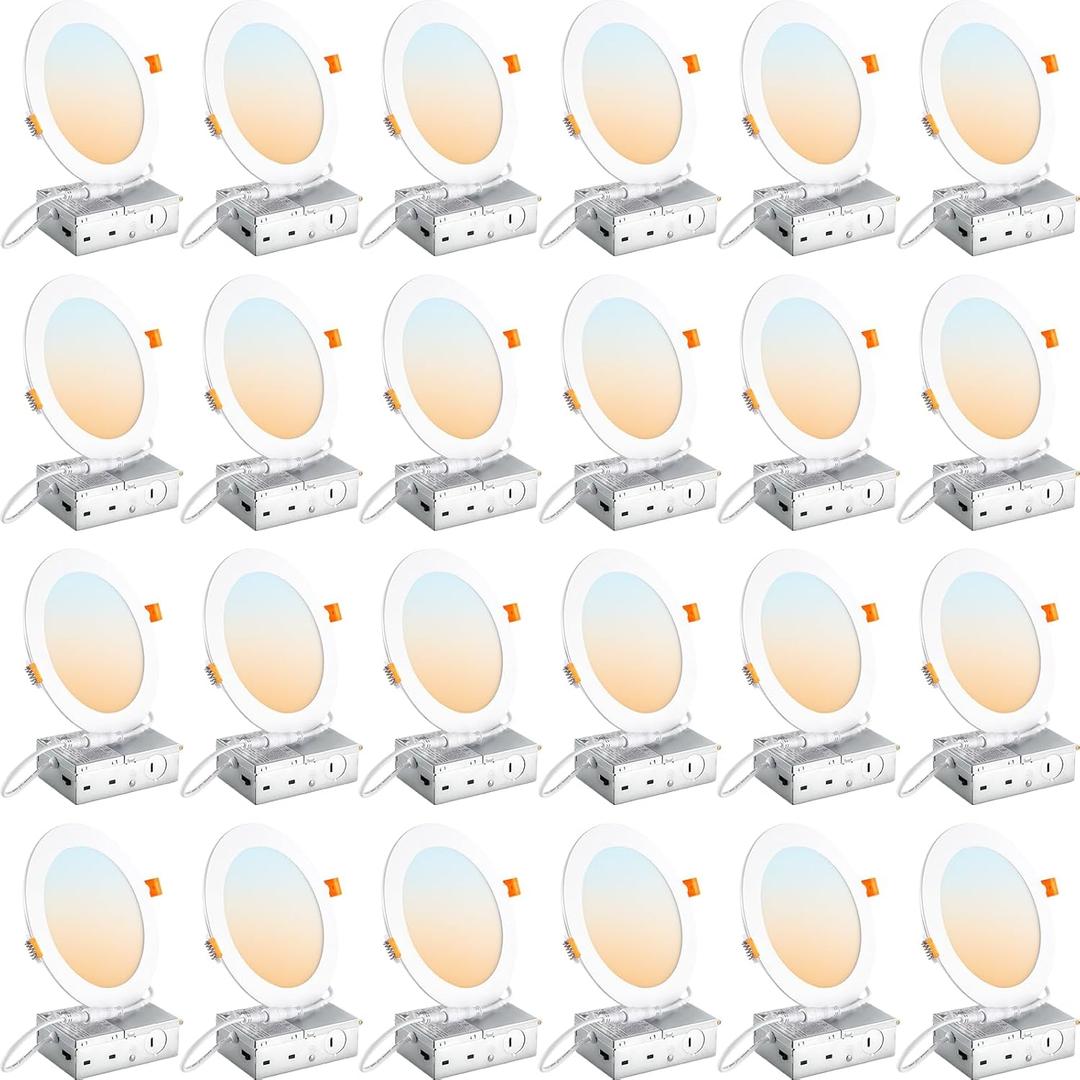DLLT LED Recessed Ceiling Light: 24 Pack 6 Inch Slim Recessed Lighting for Kitchen - 5CCT Dimmable Canless Wafer Downlight for Living Room - 725LM Brightness 12W 120V Can Lights for Bedroom ETL FCC