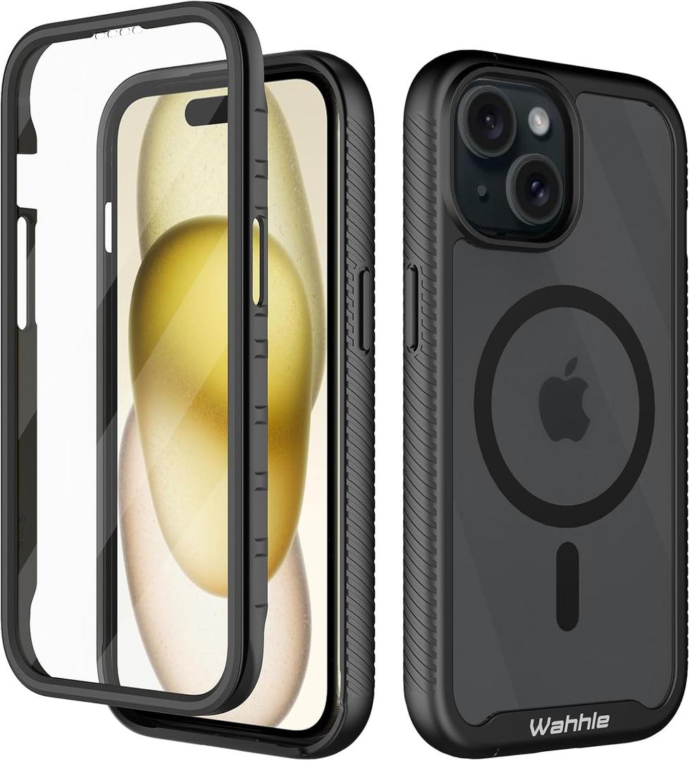 wahhle Compatible with iPhone 15 Plus Case, Magnetic Wireless Charging Built in Screen Protector Full Body Shockproof Slim Fit Bumper Protective Phone Cover 6.7'' Men Women-Black/Clear