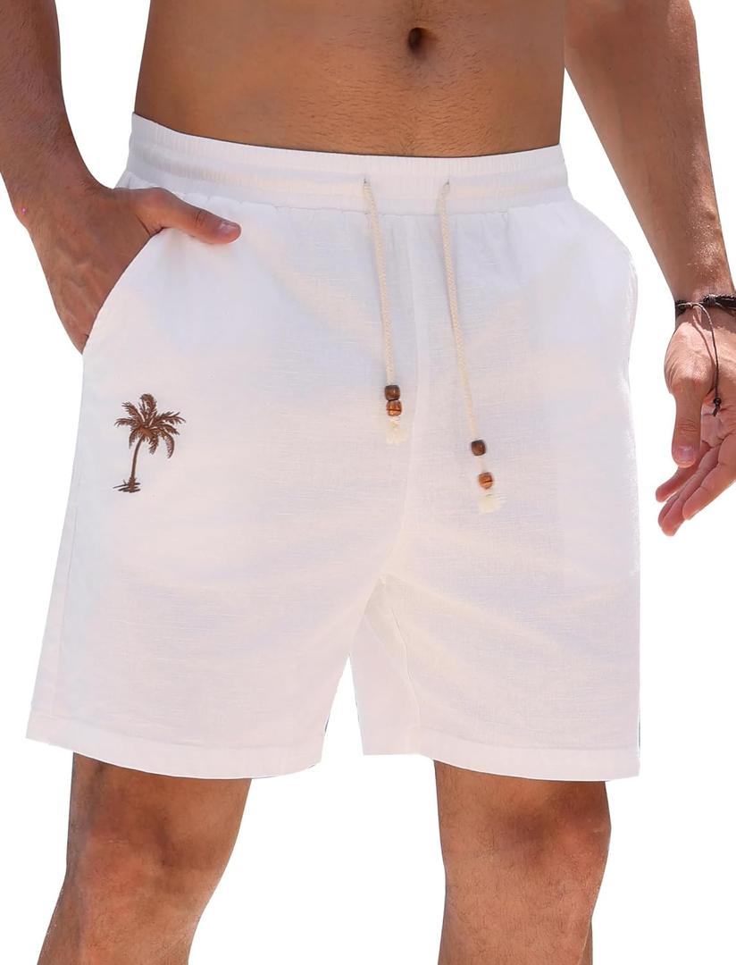 Men's Cotton Shorts Drawstring Waist Embroidered Tree Summer Vacation Beach Shorts (White, L)