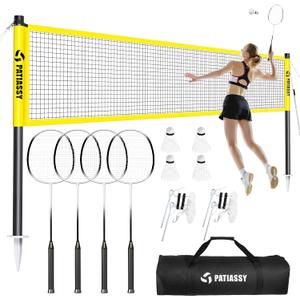 Badminton Set for Backyard, Portable Anti-Sag Badminton Net with 4 Badminton Rackets, 4 Nylon Shuttlecocks and Carry Bag, for Lawn Beach Family Games (Yellow)