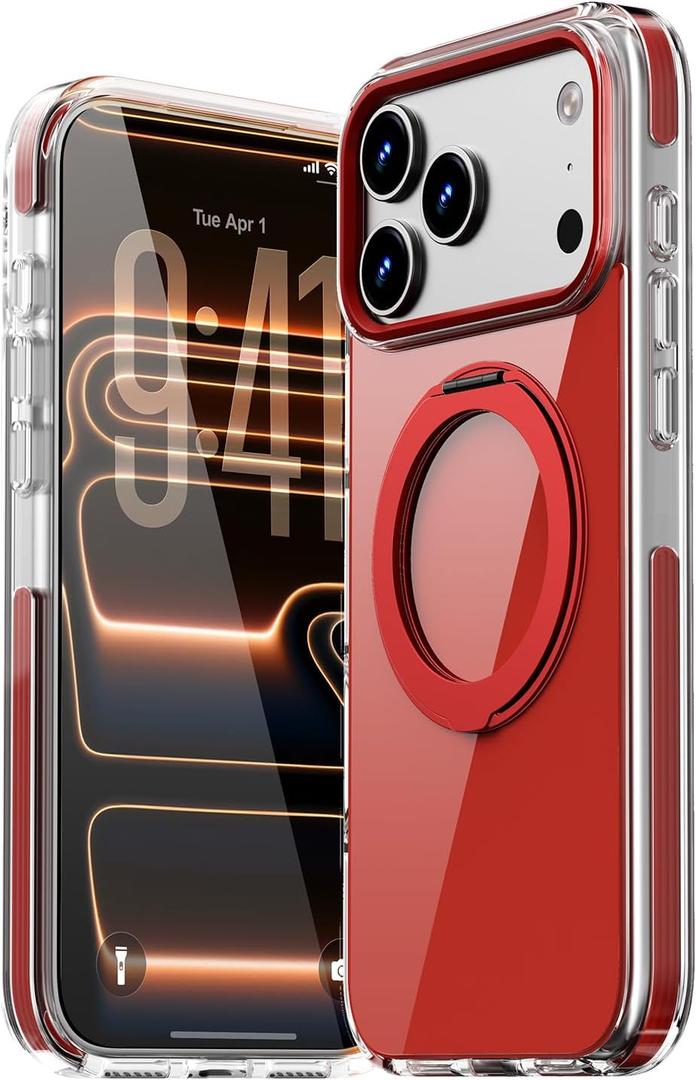 Magnetic for iPhone 17 Pro Max Case 360° Spin Stand Red | Compatible with MagSafe, Military-Grade Protection,Non-Yellowing, Clear Scratch-Resistant Back Cover for 17 Pro Max 6.9