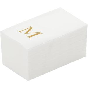 Luxenap 15.8 X 7.9 Inch Linen-Feel Guest Towels, 50 Lettered Hand Towels - Gold Letter 'M', Sans Serif Font, White Paper Dinner Napkins, airlaid, For Restrooms And Tables
