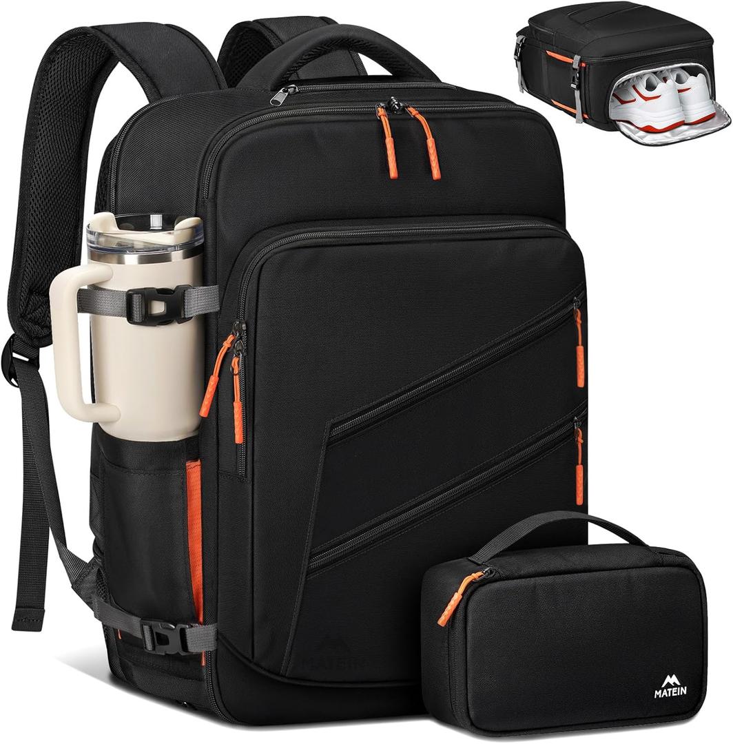 MATEIN Personal Item Backpack 18x14x8 with Shoe Compartment Detachable, Airline Approved Carry On Backpack for Travel with Electronics Case, Lightweight Luggage Bag for Spirit Airlines Fits 17" Laptop (Large, Black)