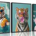 3Pcs Funny Tiger Bathroom Canvas Wall Art Trendy Preppy Tiger Bathroom Wall Decor Prints Fashion Sunglasses Animal Toilet Paintings Pictures for Washroom Toilet Home Decoration 12x16in Unframed