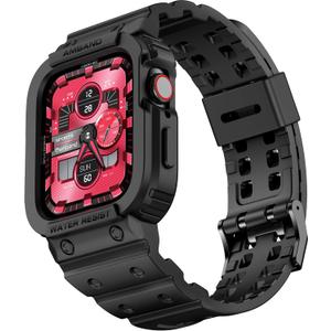 amBand Compatible with Apple Watch Series 9/8/7/SE (2nd)/SE/6/5/4/3 Band for Men 45mm 44mm 42mm Case, Rugged Sport Strap for iWatch 45/44 mm Military Protective Cover Bumper Drop-Proof, Matte Black