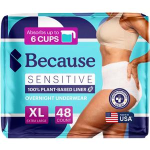 Because Adult Incontinence Underwear for Sensitive Skin - Women - Premium Overnight Disposable Briefs, Anti Odor - White, X-Large - Absorbs 6 Cups - 48 Count (4 Packs of 12)