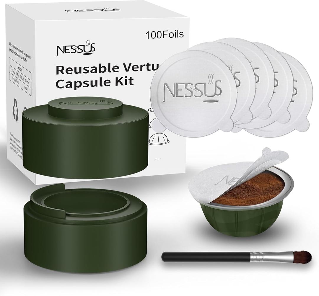 Nessus Reusable Vertuo Capsule Kit, [ALSeal EZ FIT] for Refillable Pods with 100 Pcs Aluminum Foil Seal Lids, Holder, Brush, for Refilling Vertuo Pods Reusable Vertuoline Pod(Green)