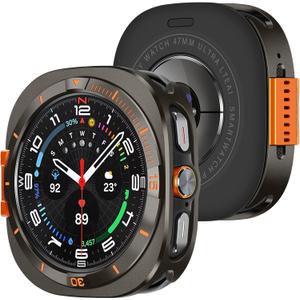 Amizee Metal Case Compatible with Samsung Galaxy Watch Ultra Case (2025/2024) 47mm with Back Cover, Rugged Protective Bumper Cover for Galaxy Watch 7/8 Ultra, Graphite/Orange