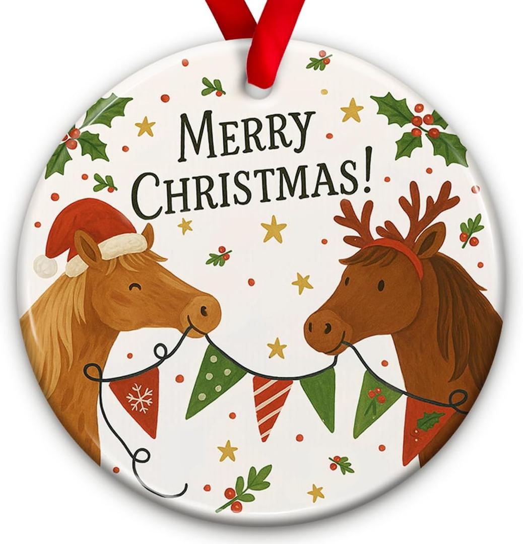 2 x Cute Horses Merry Christmas Ornament 2026 Horse Lovers Xmas Tree Decoration, Rustic Farm Holiday Decor - Xmas Tree Hanging Decor, Holiday Keepsake Ideas for Family, Friends