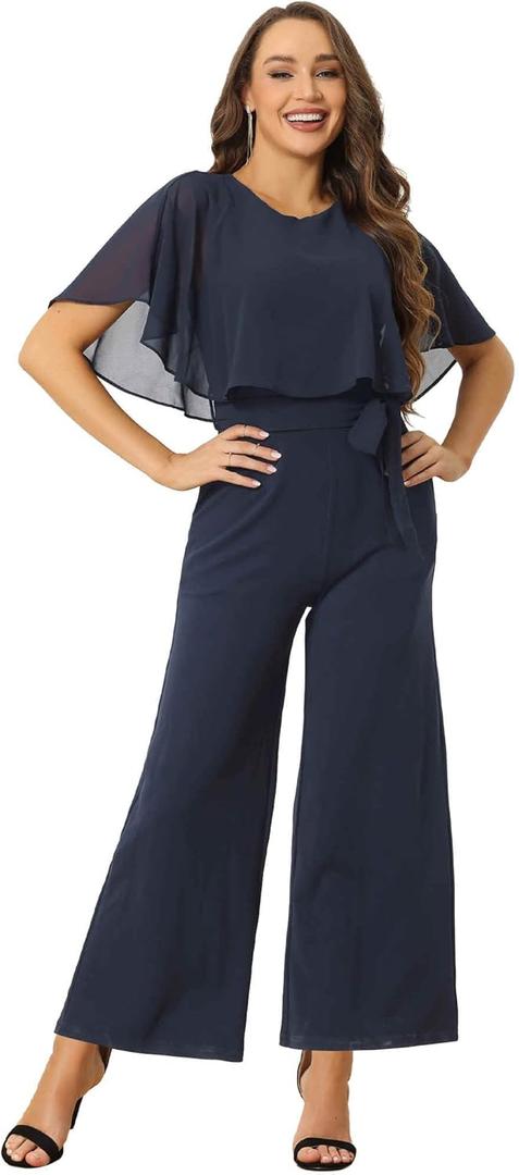 Allegra K Ruffle Sleeve Jumpsuit for Women's Dressy Casual Tie Waist Wide Leg Pants Outfits with Pockets (X-Large, Navy Blue)