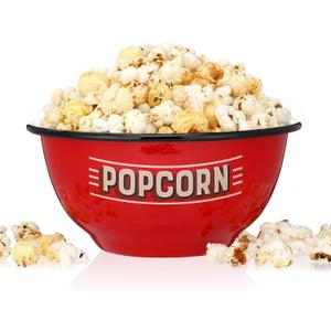 Maxdot Red Popcorn Bowl Enamelware Popcorn Bowl 1.16 Quart Shatterproof Reusable Serving Bucket Family Serving Container for Movie Night Game Party Favors