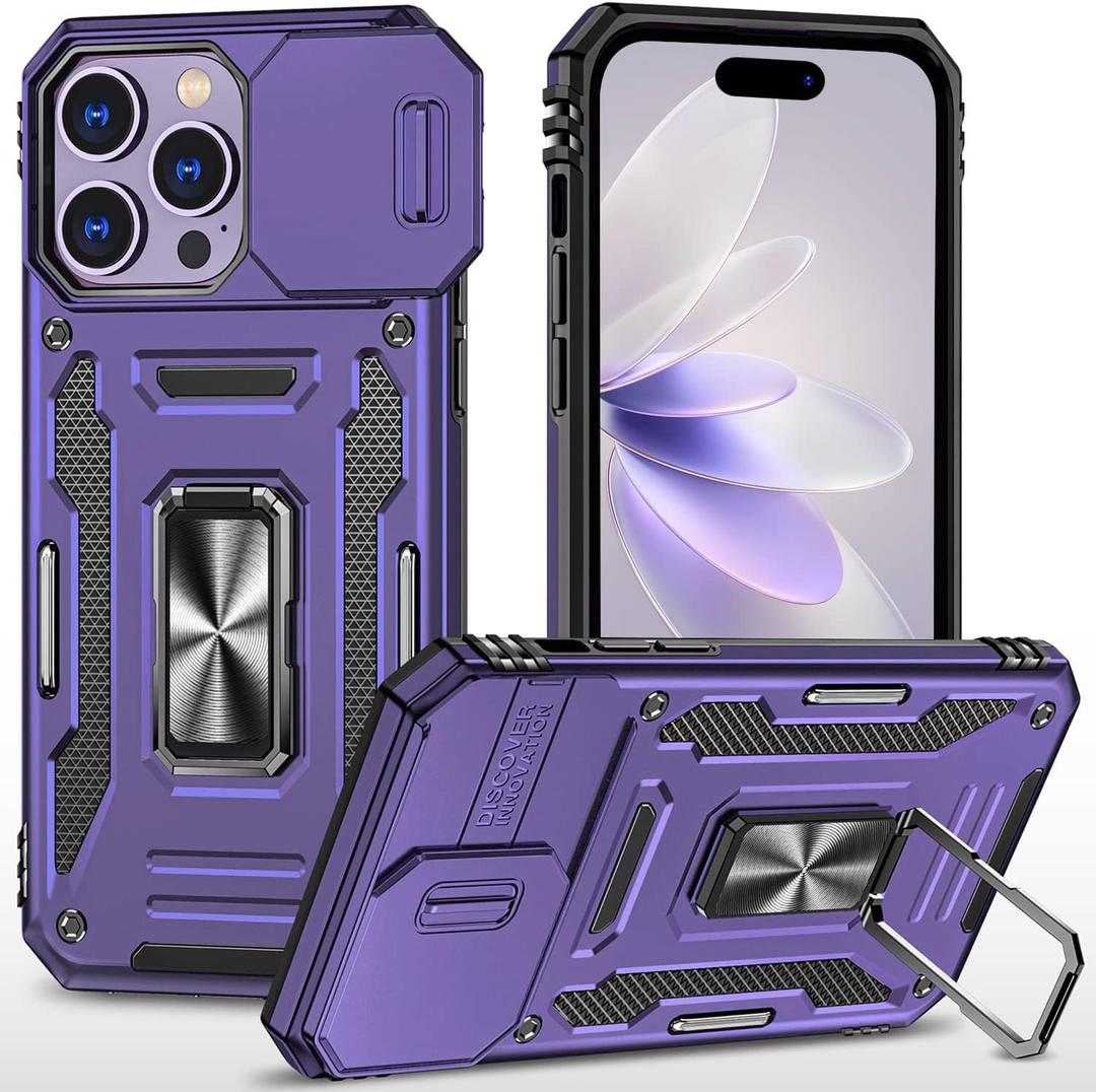 Case for iPhone 14 Pro with Camera Lens Cover, with Ring Holder Kickstand, fit Magnetic Car Mount, for iPhone 14 Pro (Purple)