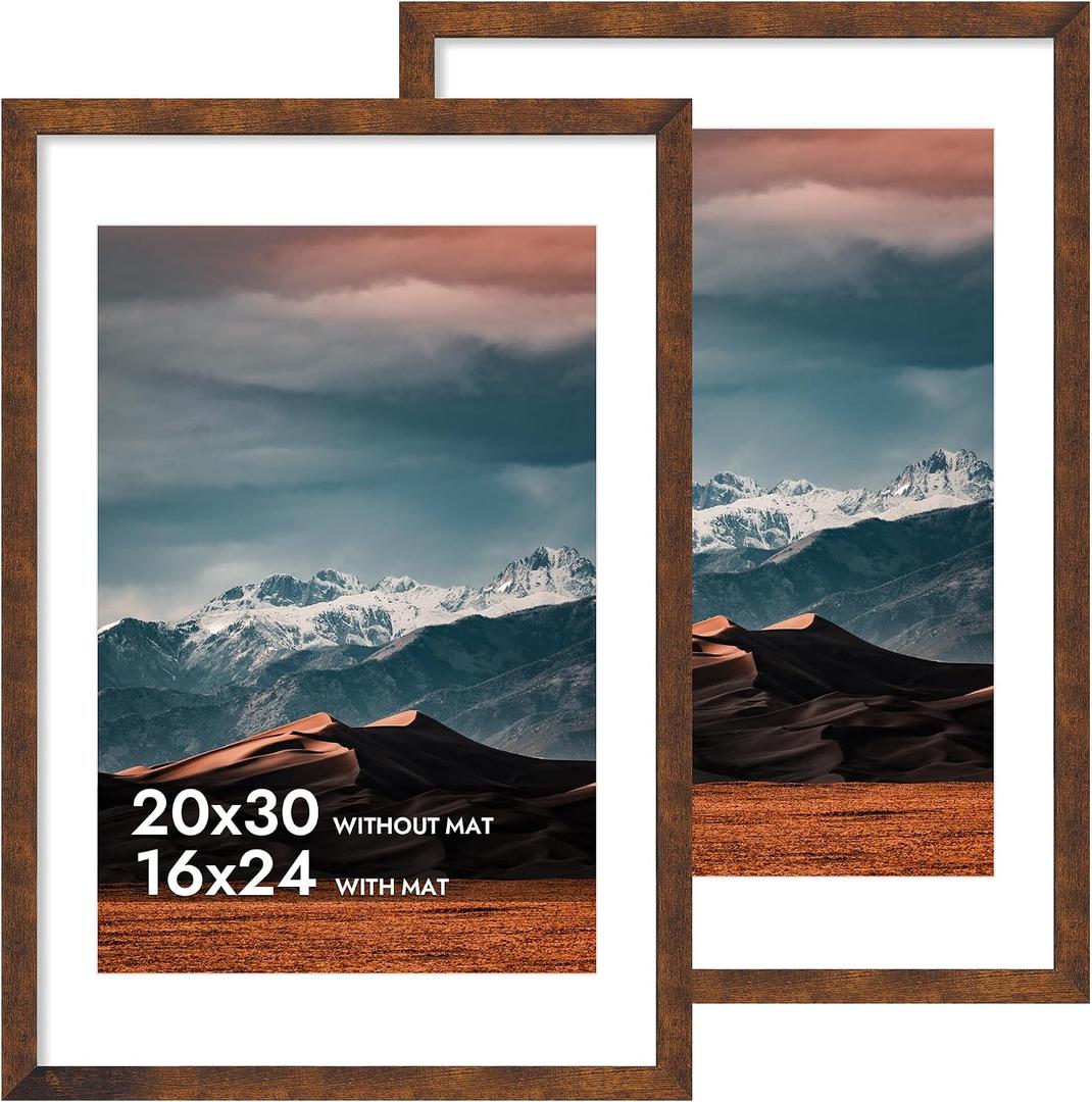 iRahmen 20x30 Poster Frame with 16x24 Mat - Plexiglass Wooden Picture Frames for Photo Wall Gallery Mounting (Dark Brown, Set of 2)