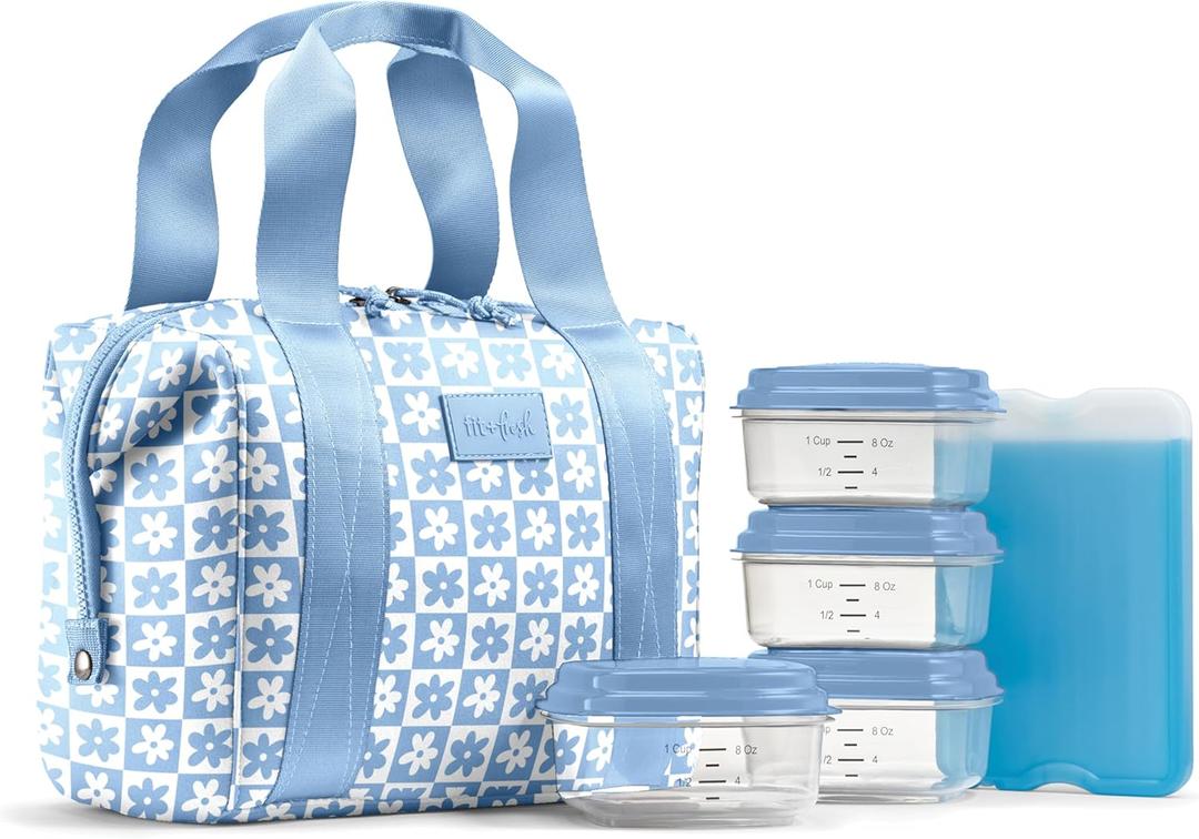 Fit & Fresh Neoprene Like Lunch Bag For Women, Insulated Womens Lunch Bag For Work, Tear & Stain Resistant Large Lunch Box With Containers and Ice, Machine Washable Remi Lunch Bag, Blue Daisy
