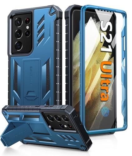 FNTCASE for Samsung Galaxy S21-Ultra Case: Military Grade Rugged Cell Phone Cover with Kickstand | Shockproof TPU Protection Bumper Matte Textured Design for Samsung S21 Ultra Cases 6.8 inches(Blue)