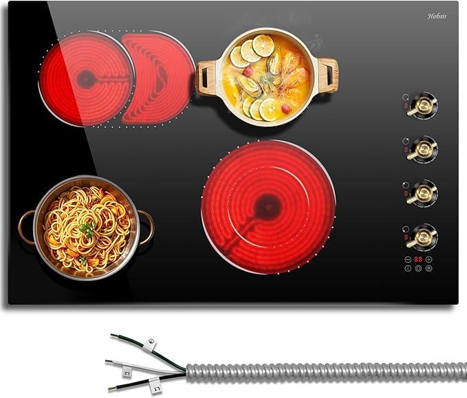 Hobsir 30 Inch Electric Cooktop, Knob Control Built-in Electric Stove with 4 Burners, 30 in Ceramic Stove Top Burner, Cooktop with Glass Protection Metal Frame, 220-240v 6700W, Hard Wired(No Plug)