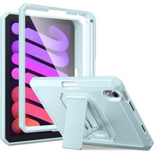 DTTO Shockproof Case for iPad mini 7 (A17 Pro) 2024 / iPad mini 6 2021 8.3 Inch, Dual Layer Full Body Tough Rugged Stand Cover Case, Built-in Screen Protector and Pencil Holder, Ice Blue
