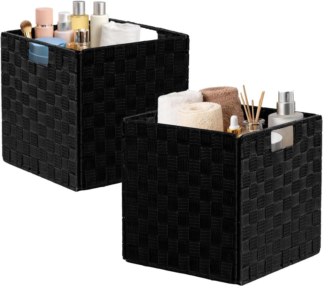 2-Pack Collapsible Ribbon Woven Storage Bins with Metal Structure, Small Black Storage Basket,Shelf Basket, Pantry Organizer, Home Decorative Utility Cubes (11 x 11 x 11 in, Black)
