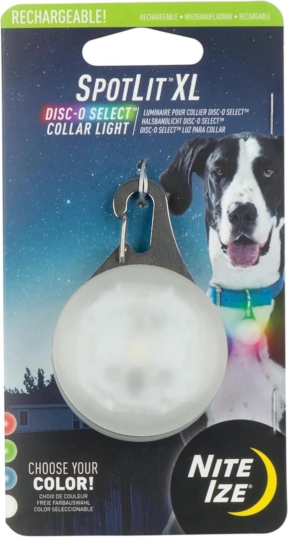 Nite Ize SpotLit XL Rechargeable Collar Light - Carabiner Keychain Clip with LED Light - Clip Color-Changing Light for Dog Collars - Disc-O Select