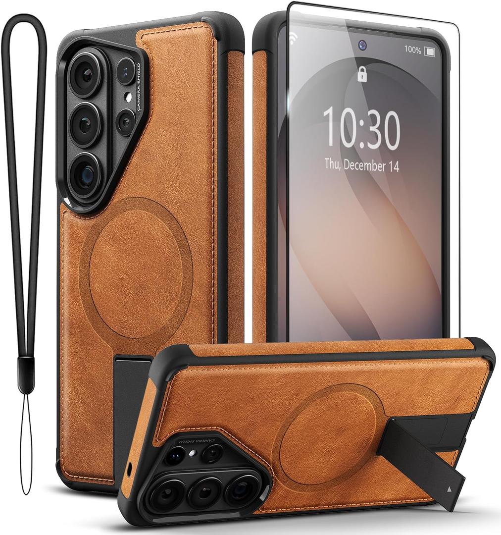for Samsung Galaxy S26 Ultra Case, Premium Vegan Leather Magnetic Cover with Built-in Invisible Kickstand, Full Camera Lens & S Pen Protection, Slim Shockproof Phone Case 6.9" - Brown