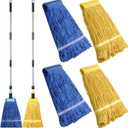 Gejoy 2 Sets Looped End Commercial Mop Heavy Duty Industrial Mop with 4 Mop Replacement Heads, Stainless Steel Pole, Iron Clamp Cotton Mops for Floor Cleaning, Dust, Wood Floor, Kitchen, Blue, Yellow