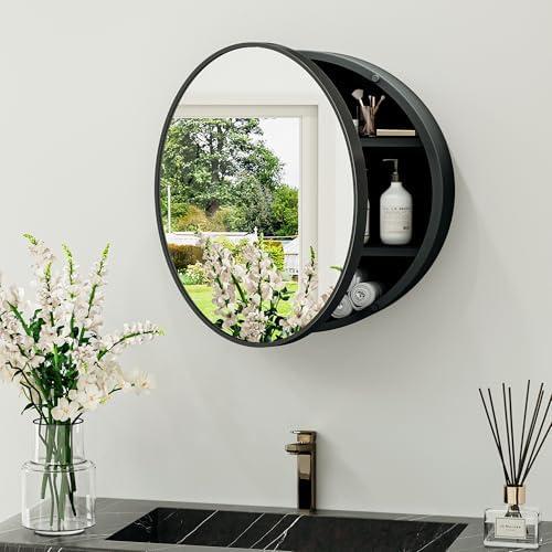 TokeShimi 20 Inch Round Black Medicine Cabinet for Bathroom with Vanity Mirror Small Metal Framed Bathroom Mirrored Cabinet for Wall Mounted Only Circle Farmhouse Medicine Cabinet Removable Shelves