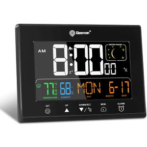 Geevon Digital Atomic Alarm Clocks for Bedrooms with 2 USB Ports, Color VA Display Atomic Clock with Indoor Temperature and Humidity, DST, Calendar, and Moon Phases for Seniors Elderly
