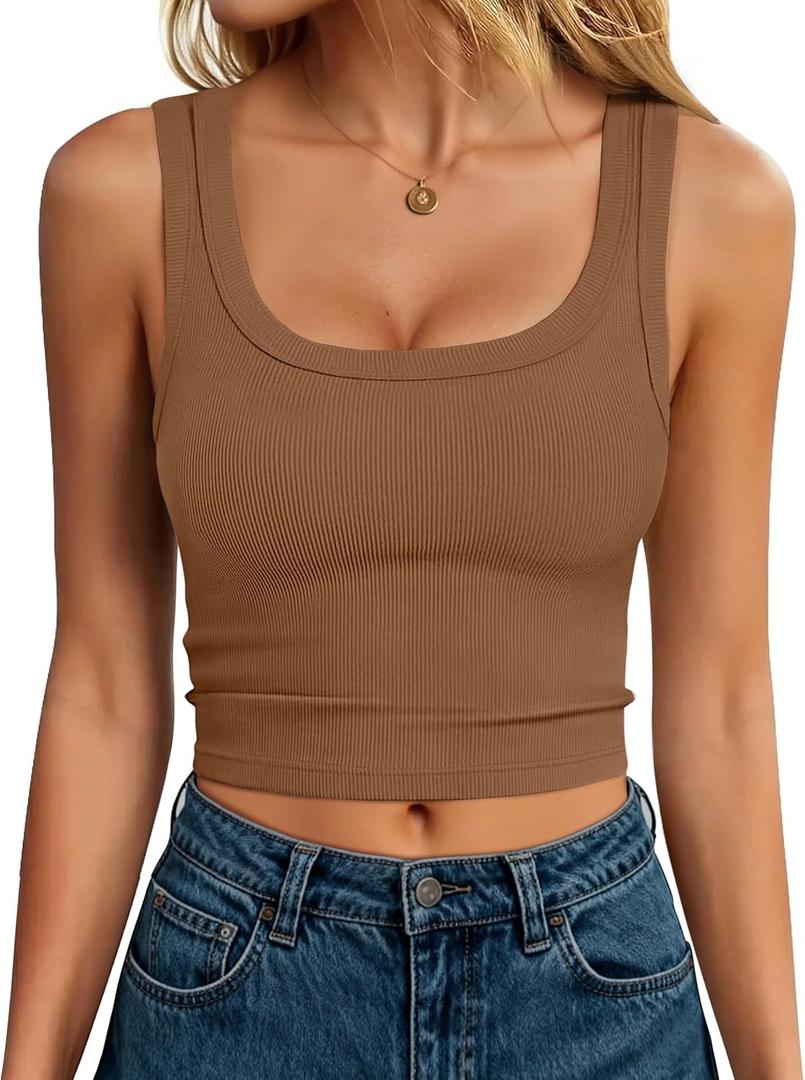 ANRABESS Tank Tops for Women Scoop Neck Crop Sleeveless Top Summer Going Out Basic Tee Cute Ribbed Slim Shirts Clothes 2026 (Brown, S)