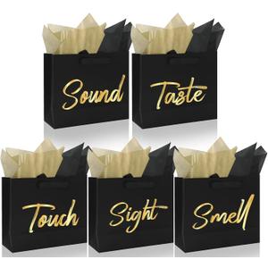 FYSUIMU 5 Senses Gift Bags for Him Her Five Senses Black Gift Bag with Ribbon Handles and 10 Pcs Tissue Paper Present Wrappings for Wedding Anniversary Valentine's Day Birthday